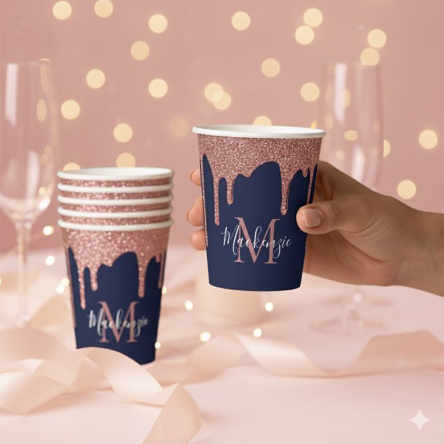 Navy Blue Rose Gold Dripping Glitter Monogram Paper Cups (Navy Blue Rose Gold Dripping Glitter Monogram Paper Cups)
