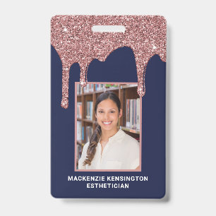 Navy Blue Rose Gold Dripping Glitter Photo ID Badge