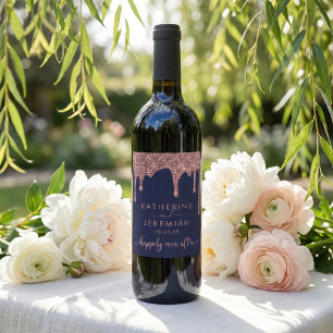 Navy Blue Rose Gold Dripping Glitter Wedding Wine Label