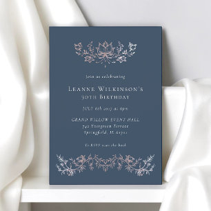 Navy Blue Rose Gold Floral 30th Birthday Invitation