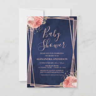 Navy Blue Rose Gold Floral Baby Shower Invitation