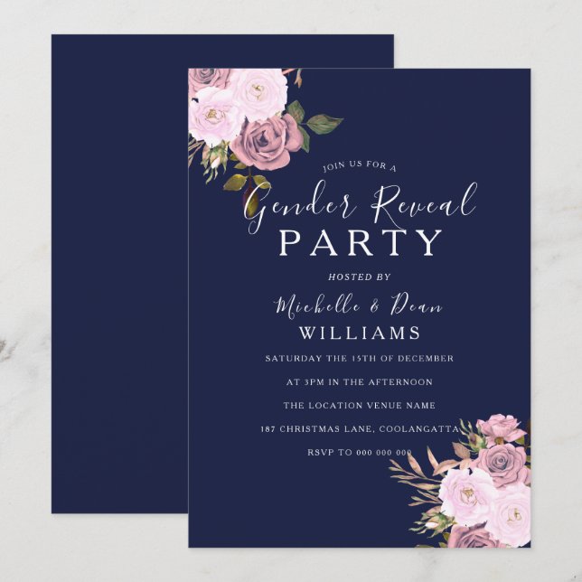 Navy Blue & Rose Gold Floral Gender Reveal Party Invitation (Front/Back)