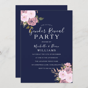 Navy Blue & Rose Gold Floral Gender Reveal Party Invitation