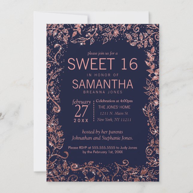 Navy Blue Rose Gold Floral Glitter Sweet 16 Invitation (Front)