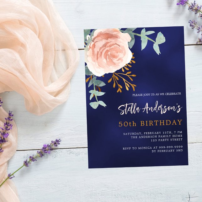 Navy blue rose gold floral green luxury birthday invitation (Creator Uploaded)