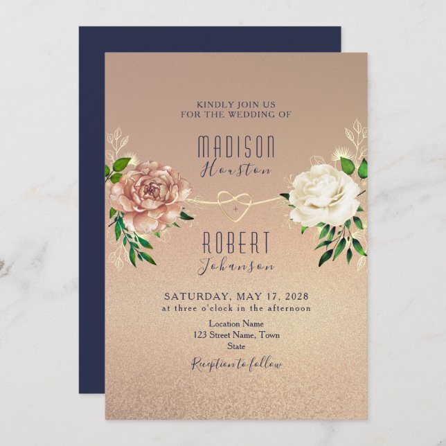 Navy Blue Rose Gold Floral Invite (Front/Back)