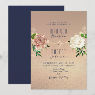 Navy Blue Rose Gold Floral Invite