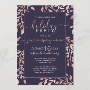 Navy Blue Rose Gold Floral Leaf Corporate Holiday Invitation