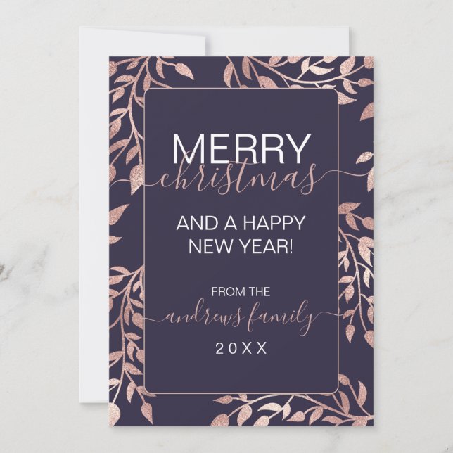 Navy Blue Rose Gold Floral Leaves Christmas Holiday Card (Front)