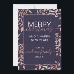 Navy Blue Rose Gold Floral Leaves Christmas Holiday Card<br><div class="desc">This elegant and modern corporate Christmas holiday greeting card is the perfect choice for a class family or couple. It features hand-drawn floral leaves clipped in faux printed rose gold foil on top of a dusty navy blue background with a matching pink rose border for the typography. It's chic, luxurious,...</div>