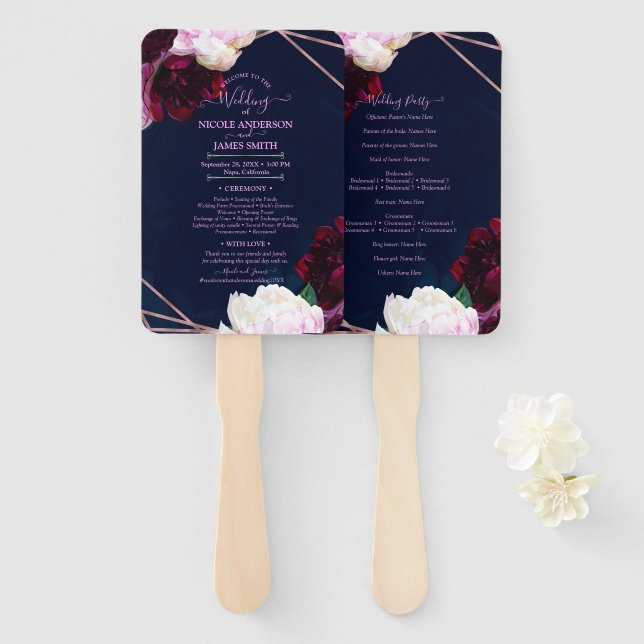 Navy Blue Rose Gold Floral Modern Glam Wedding Hand Fan (Front and Back)