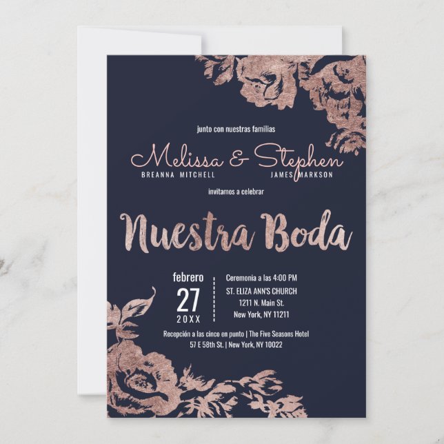 Navy Blue Rose Gold Floral Spanish Wedding Invitation (Front)