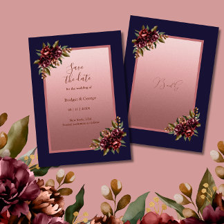 Navy Blue Rose Gold Floral wedding Save the Date Invitation
