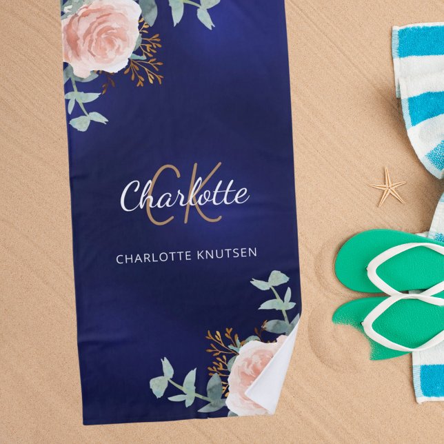Navy blue rose gold florals monogram initials beach towel (Creator Uploaded)