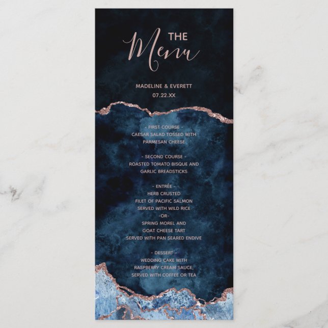 Navy Blue Rose Gold Foil Agate Marble Wedding Menu (Front)