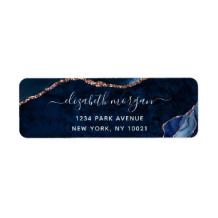 Navy Blue Rose Gold Foil Agate Return Address