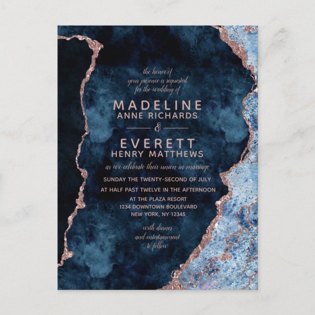 Navy Blue Rose Gold Foil Agate Wedding Invitations (Front)