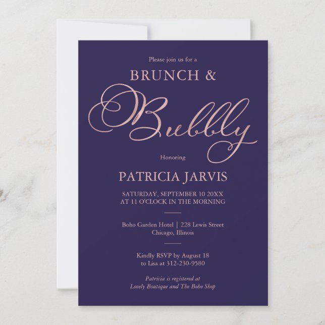 Navy Blue Rose Gold Foil Brunch And Bubbly Invitation (Front)