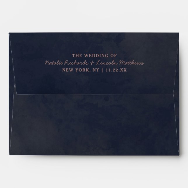 Navy Blue & Rose Gold Foil Chic Monogram Wedding Envelope (Back (Top Flap))