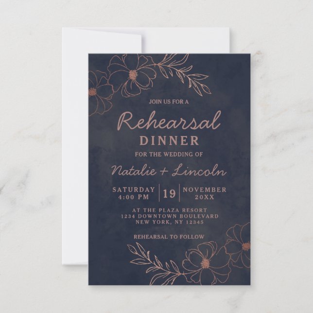 Navy Blue & Rose Gold Foil Chic Rehearsal Dinner Invitation (Front)