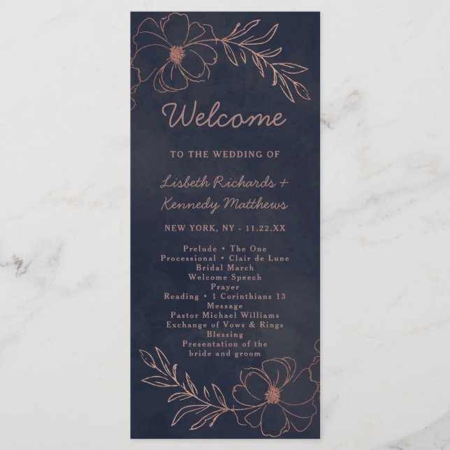 Navy Blue & Rose Gold Foil Chic Wedding Ceremony Programme (Front)