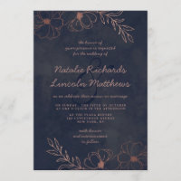 Navy Blue & Rose Gold Foil Floral Border Wedding