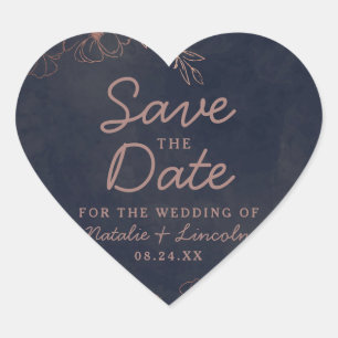 Navy Blue & Rose Gold Foil Floral Save the Date Heart Sticker