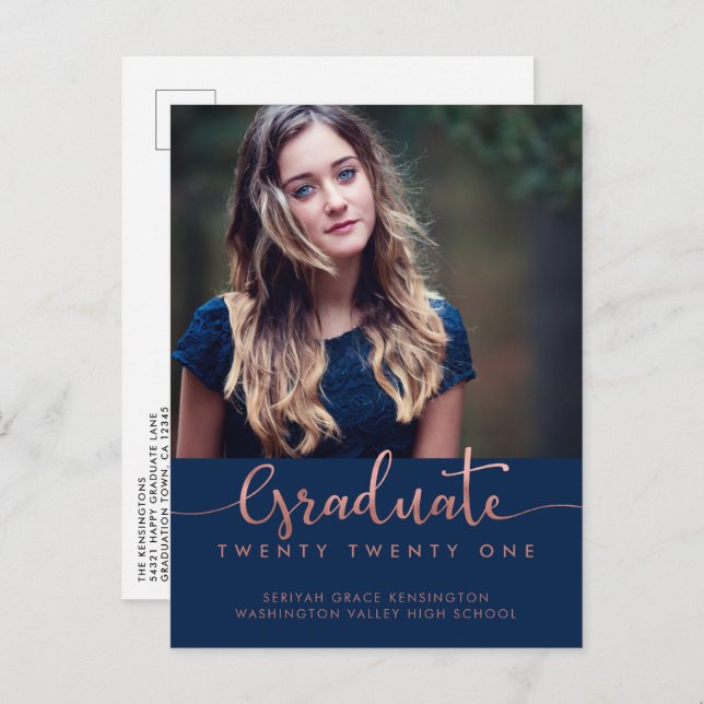 Navy Blue Rose Gold Foil Graduation Script Photo Announcement Postcard (Front/Back)