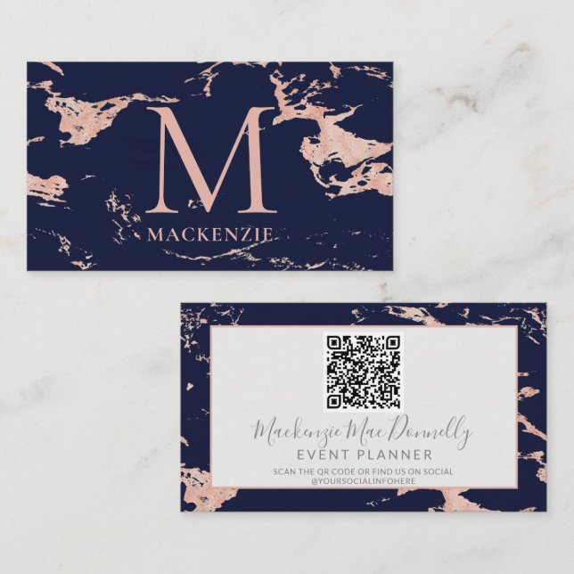 Navy Blue Rose Gold Foil Marble Monogram QR Code Business Card (Front/Back)