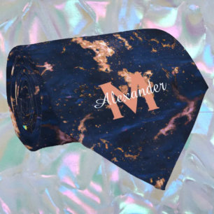 Navy Blue Rose Gold Foil Marble Monogram Tie
