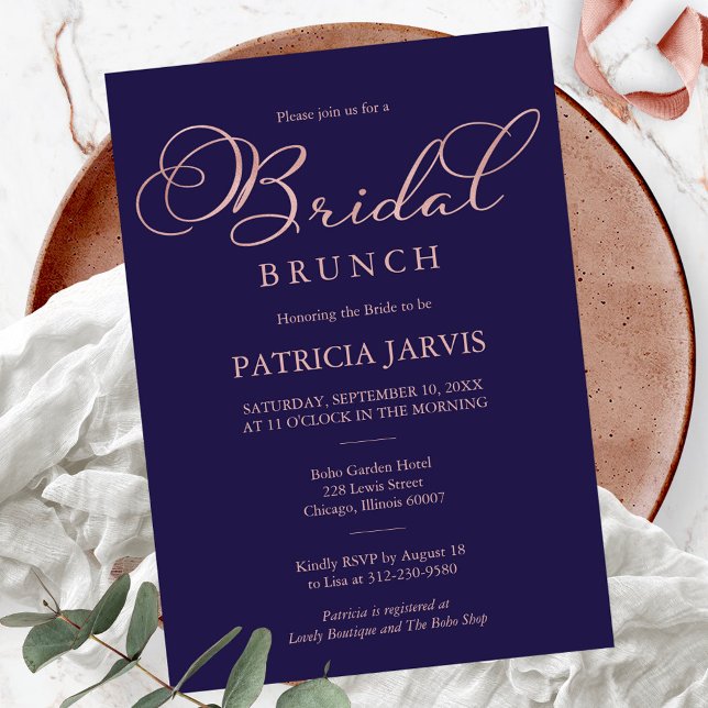 Navy Blue Rose Gold Foil Script Bridal Brunch Invitation (Creator Uploaded)