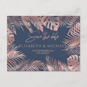Navy blue rose gold foil tropical leaves romantic announcement postcard