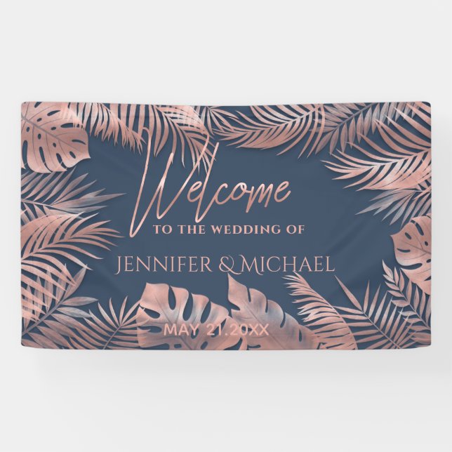 Navy blue rose gold foil  tropical leaves romantic banner (Horizontal)