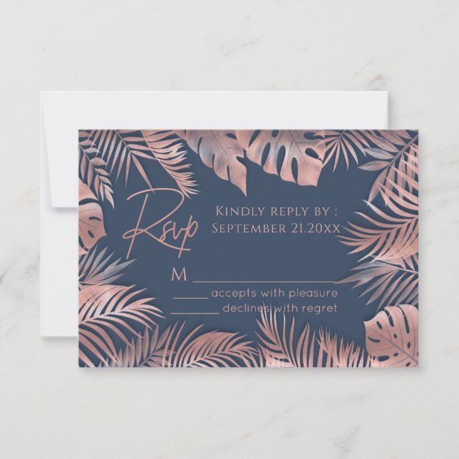 Navy blue rose gold foil  tropical leaves romantic RSVP card (Front)