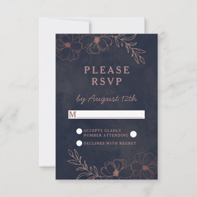 Navy Blue & Rose Gold Foil Wedding Chic RSVP Reply (Front)