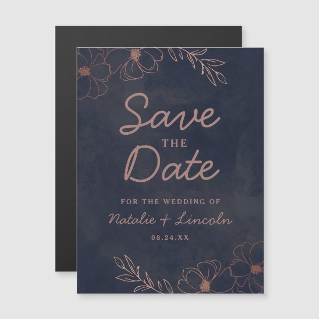 Navy Blue & Rose Gold Foil Wedding Save the Date Magnetic Invitation (Front/Back)