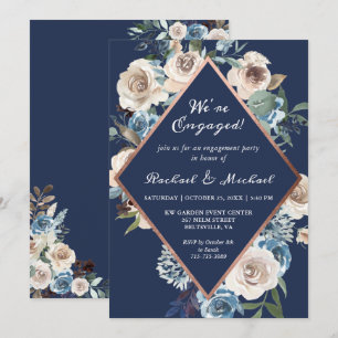 Navy Blue Rose Gold Frame Floral Engagement Party Invitation
