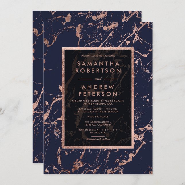 Navy blue rose gold frame marble wedding invitation (Front/Back)