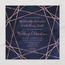 Navy Blue & Rose Gold Geometric Wedding Invitation
