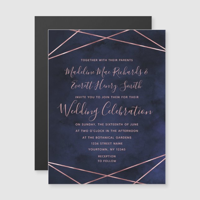 Navy Blue & Rose Gold Geometric Wedding Invitation (Front/Back)