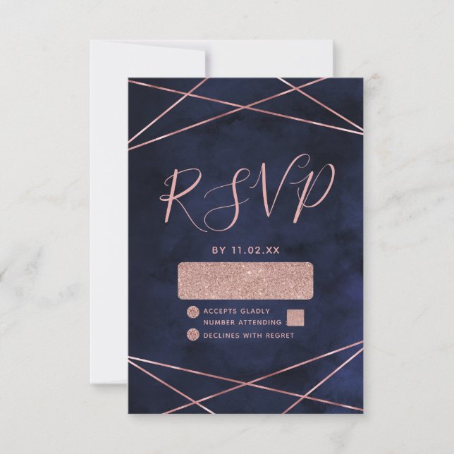 Navy Blue & Rose Gold Geometric Wedding RSVP Card (Front)