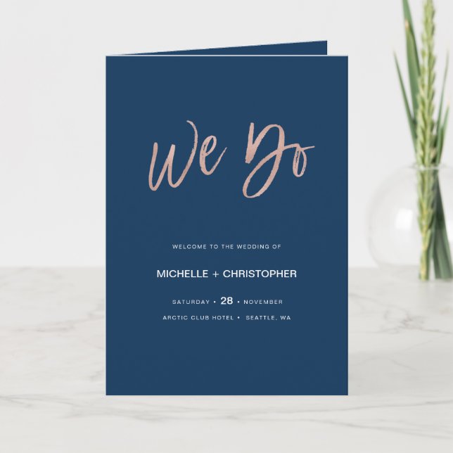 Navy Blue & Rose Gold Glam Wedding Program Booklet Programme (Front)