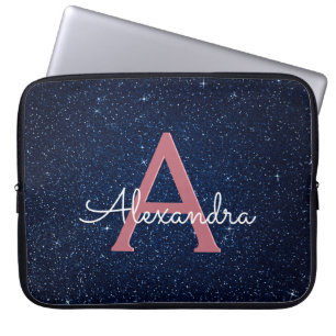 Navy Blue & Rose Gold Glitter and Sparkle Monogram Laptop Sleeve