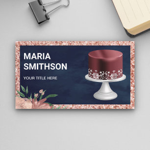 Navy Blue Rose Gold Glitter Burgundy Cake Bakery Business Card