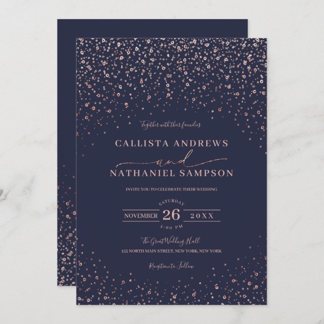 Navy Blue Rose Gold Glitter Confetti Wedding Invitation (Front/Back)