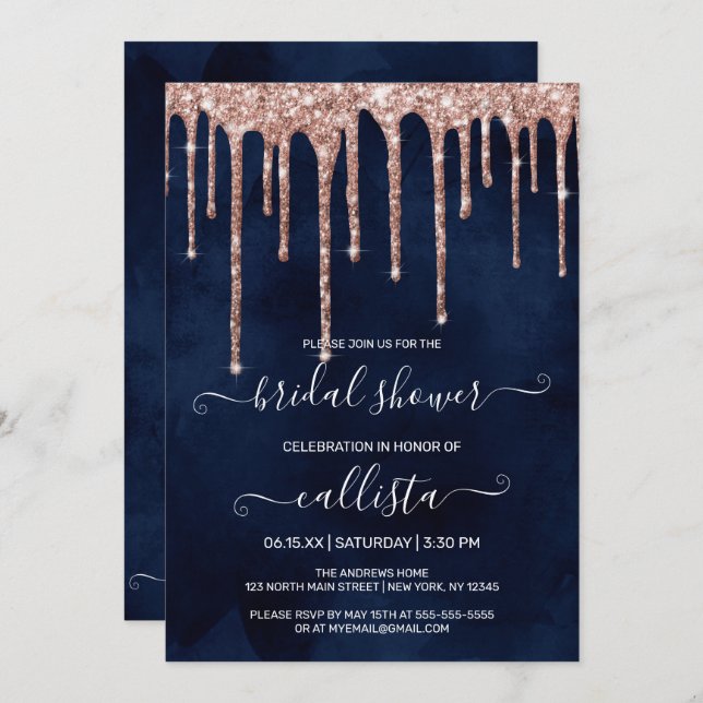 Navy Blue Rose Gold Glitter Drips Bridal Shower Invitation (Front/Back)