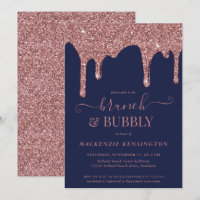 Navy Blue Rose Gold Glitter Drips Brunch Bubbly