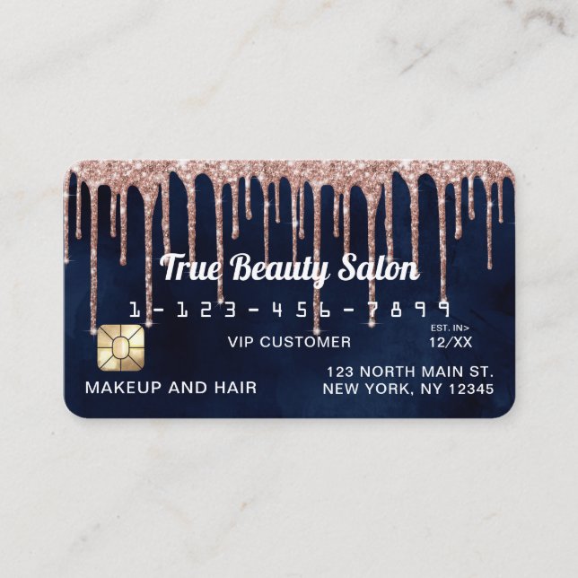 Navy Blue Rose Gold Glitter Drips Credit Business Card (Front)