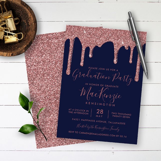Navy Blue Rose Gold Glitter Drips Graduation Party Invitation (Creator Uploaded)