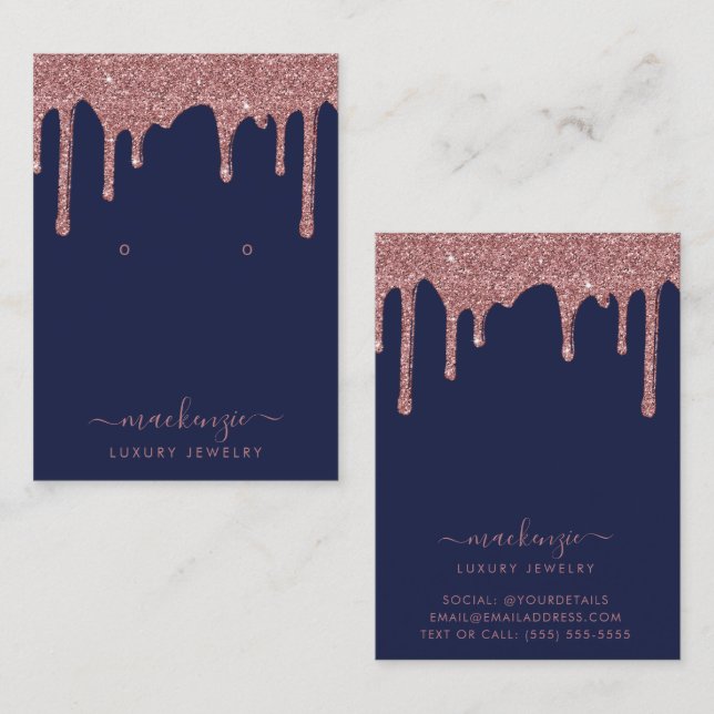 Navy Blue Rose Gold Glitter Drips Jewellery Displa Business Card (Front/Back)
